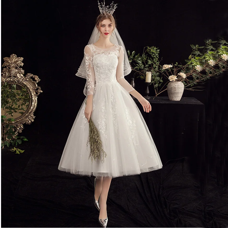 

50s Style Retro Vintage Wedding Dresses 2021 3/4 Sleeves Lace Beads Buttons Short Sash Organza Bridal Dress