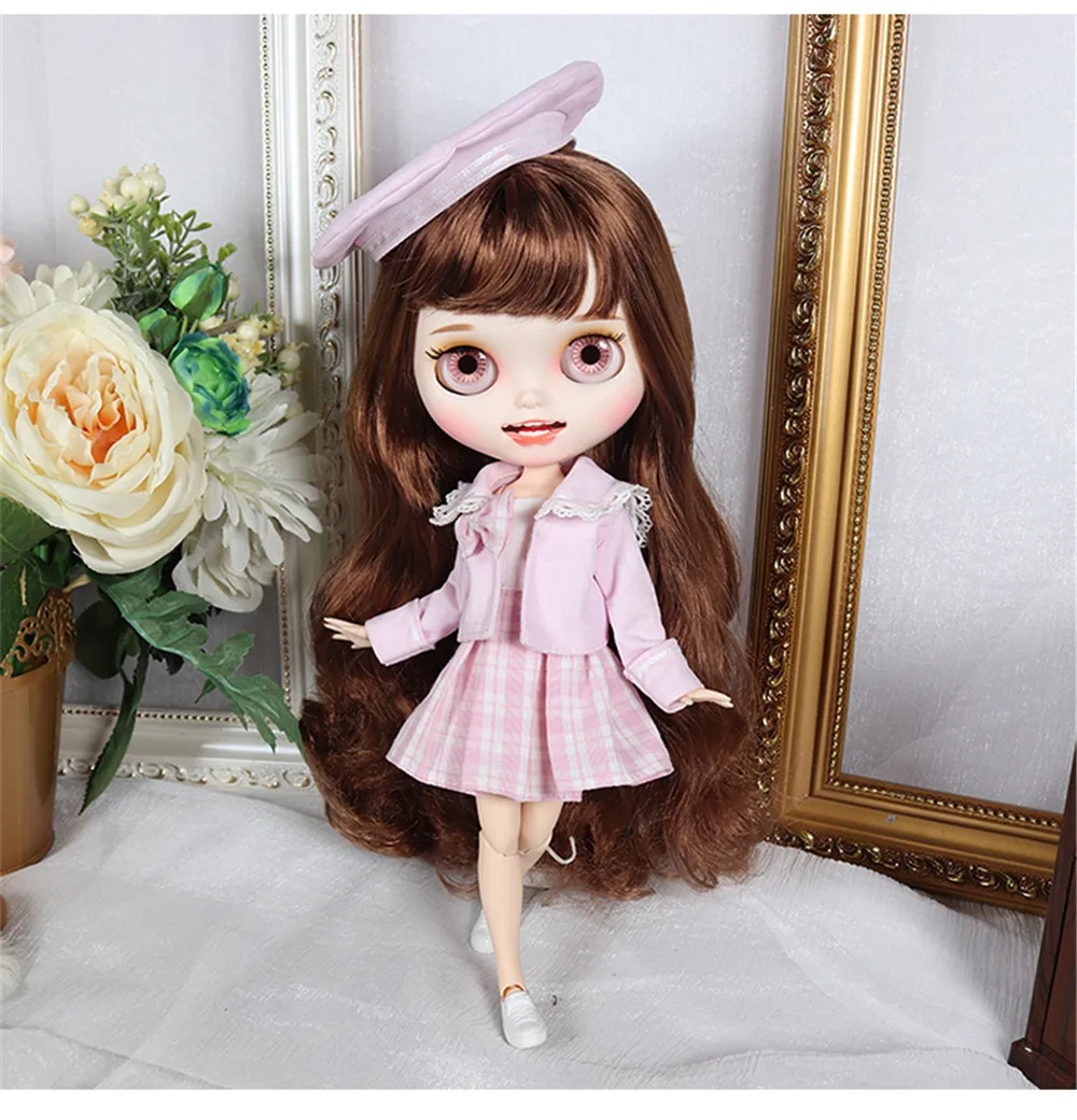 Fortune Days Blyth Icy DBS doll clothes Pink coat tube top checkered skirt and hat suit for 1/6 30cm JOINT body