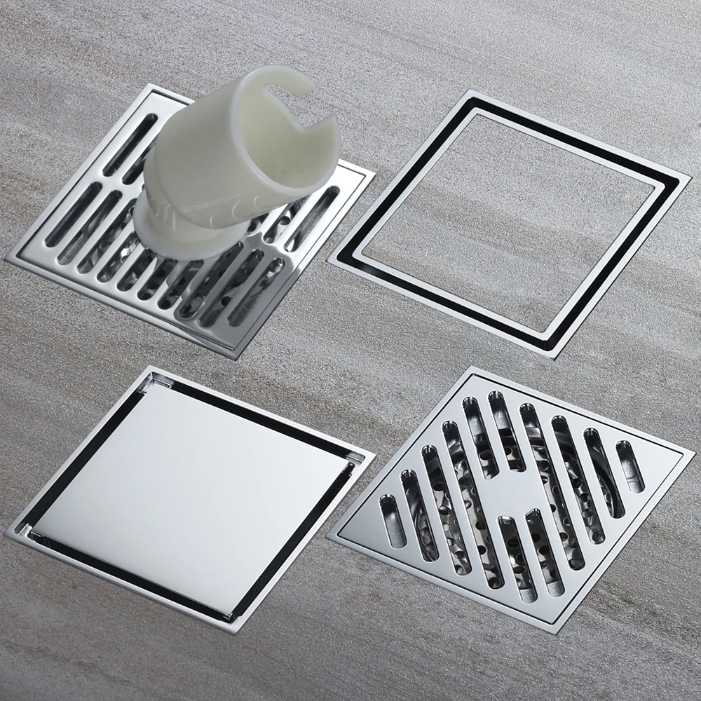 

Квадратные 4-дюймовые напольные сливные решетки из хромированной латуни для ванной и душа, сетчатые решетки для балкона, кухни, противозапаховые сливные решетки HIDEEP