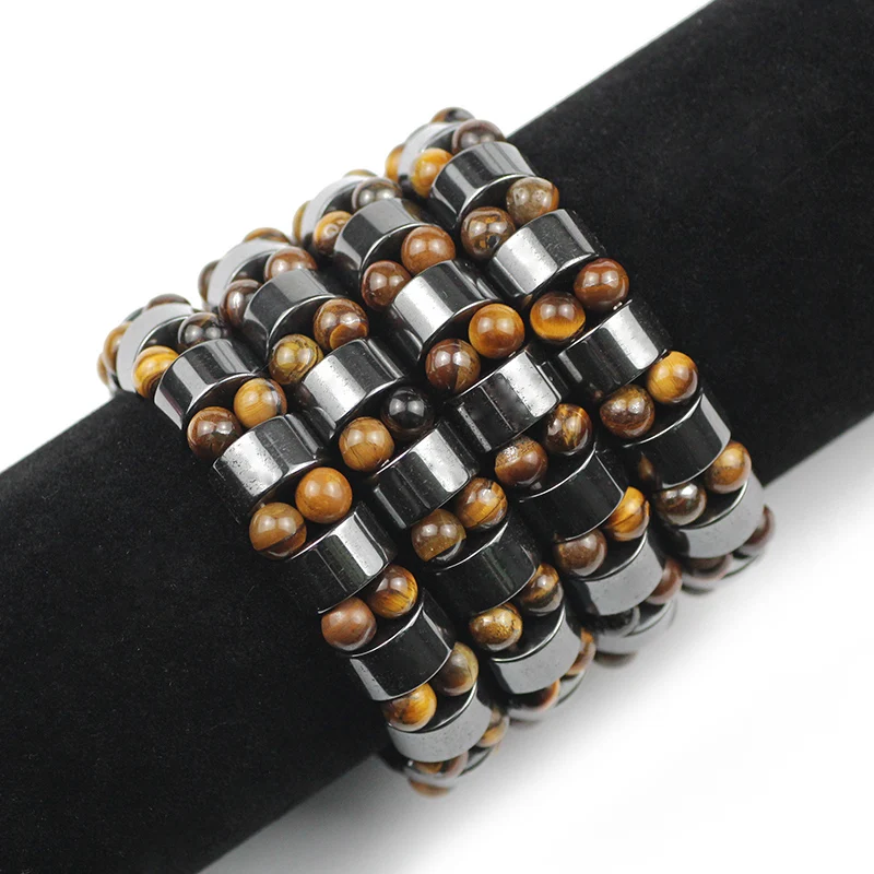 Pulseira de hematita de olho de tigre, bracelete com pedra de energia natural e hematita para homens e mulheres, pulseira dupla