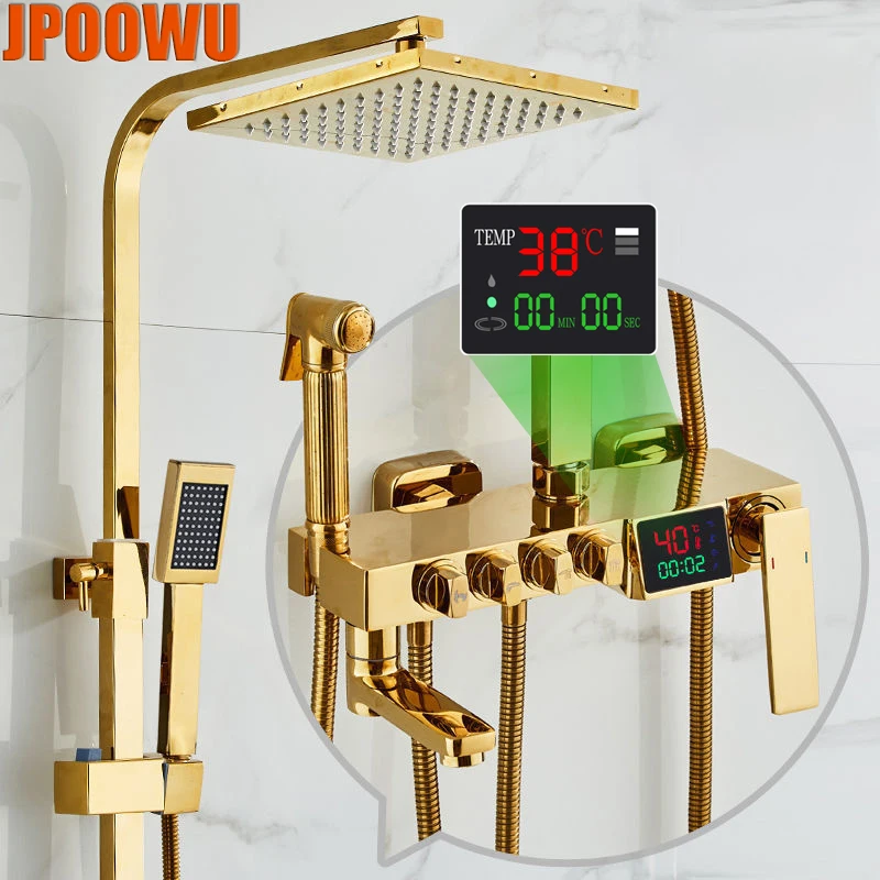 

Digital Shower System Set Bathroom Gold Hot Cold Mixer Thermostatic Showers Faucet Wall Mount Luxury Golden Bathtub Tap Torneira