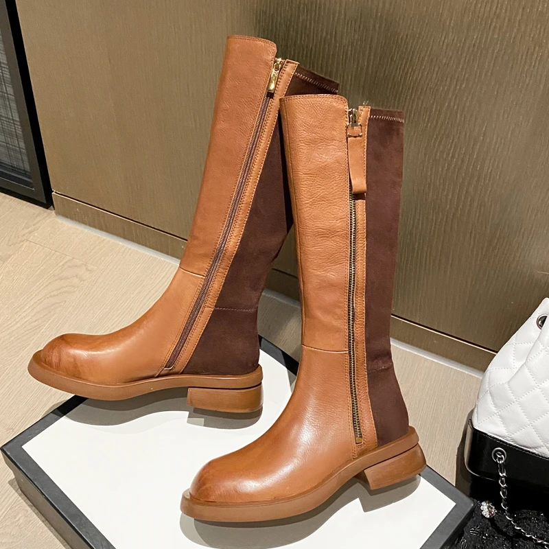 

Ботинки женские кожаные на толстой подошве, модные длинные Туфли-трубки с боковой молнией, в британском стиле ретро, на толстом каблуке, подходящие цвета