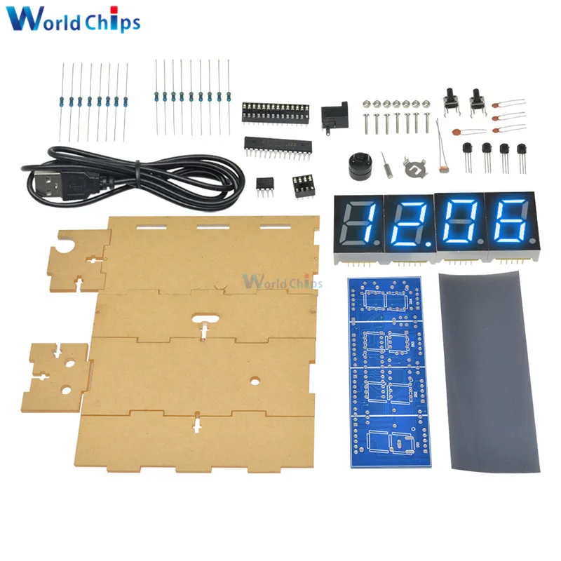 Electronic Clock LED Microcontroller Kit Digital Clock Time Light Control Temperature Thermometer DIY KIT Red/Blue/Green/White