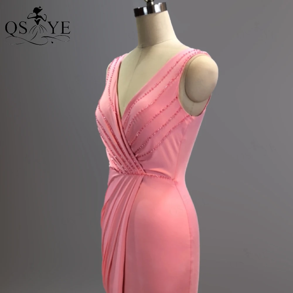 Vestido de fiesta largo y fruncido para mujer, vestidos de fiesta de color rosa rubor con cuentas elásticas de sirena, de licra, Sexy, con cuello de pico dividido, Formal, 2021