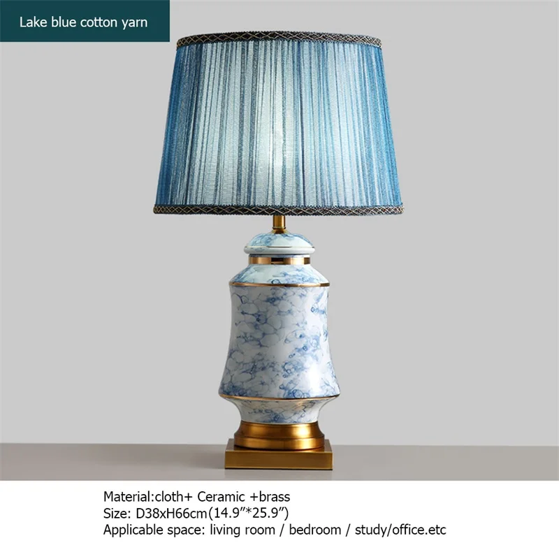 OURFENG Luxury Decorative Table Lamp Blue Ceramic LED 220V 110V Bedside Desk Light For Home Foyer Office Bed Room