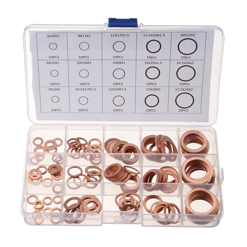 150PCS Copper Washer Gasket Nut Solid Ring Sump Plug Oil Seal Assortment Kit M5-M22 for Sump Plugs Water