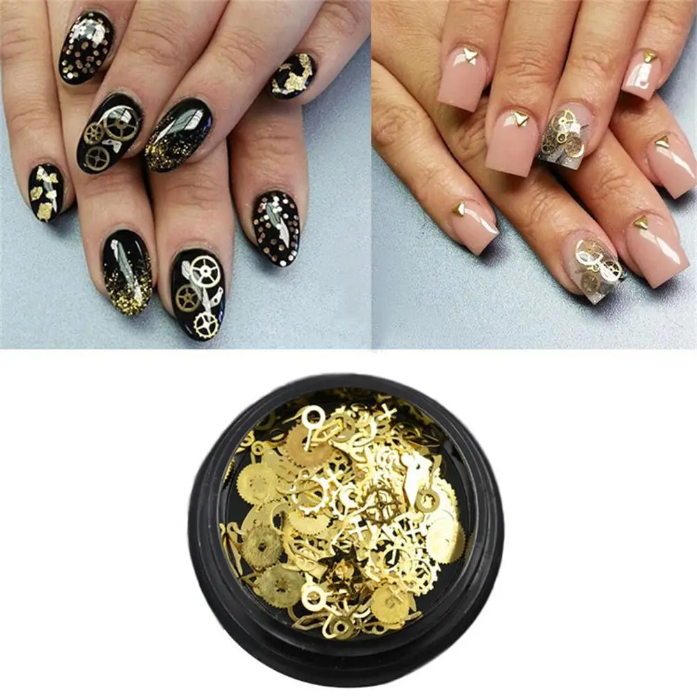 New Gold Nail Sequins Hollow Metallic 3D Flakes Time Gear Flowers Mixed Patterns Manicure Decor DIY Tips