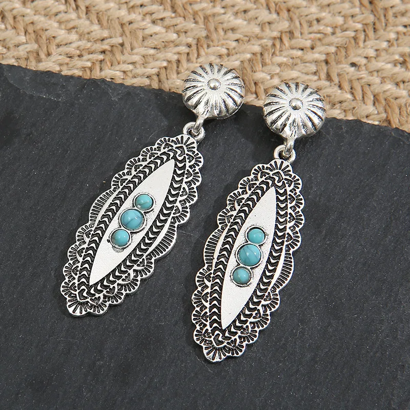 2021 Wholesale New European and American Retro Bohemian Turquoise Earrings Geometric Carved Exaggerated Earrings