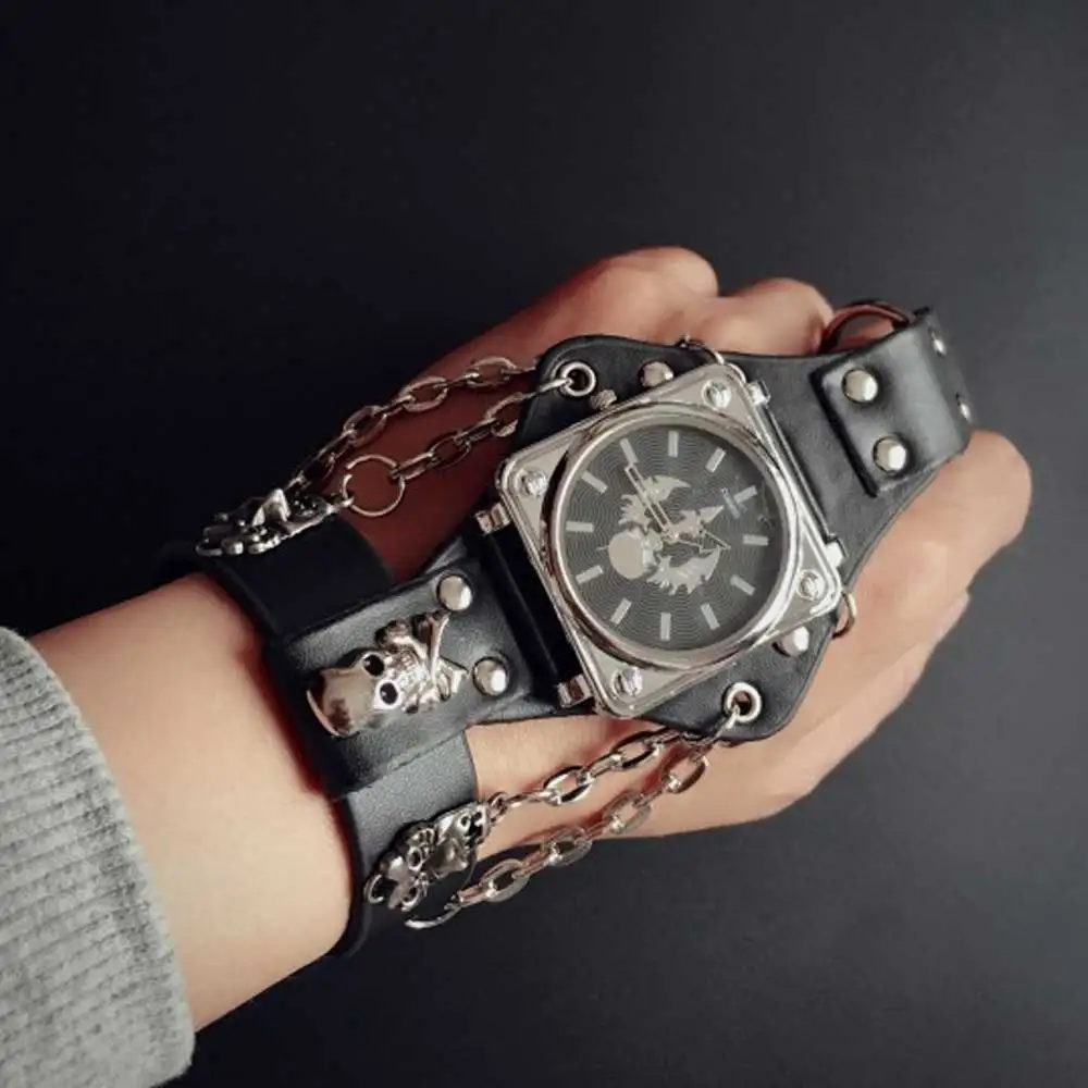 New Men Punk Skull Black Leather Bracelet Wrist Watches with 50mm Wide Band Big Dial Watch Hours for Men Relogio Masculino Gifts