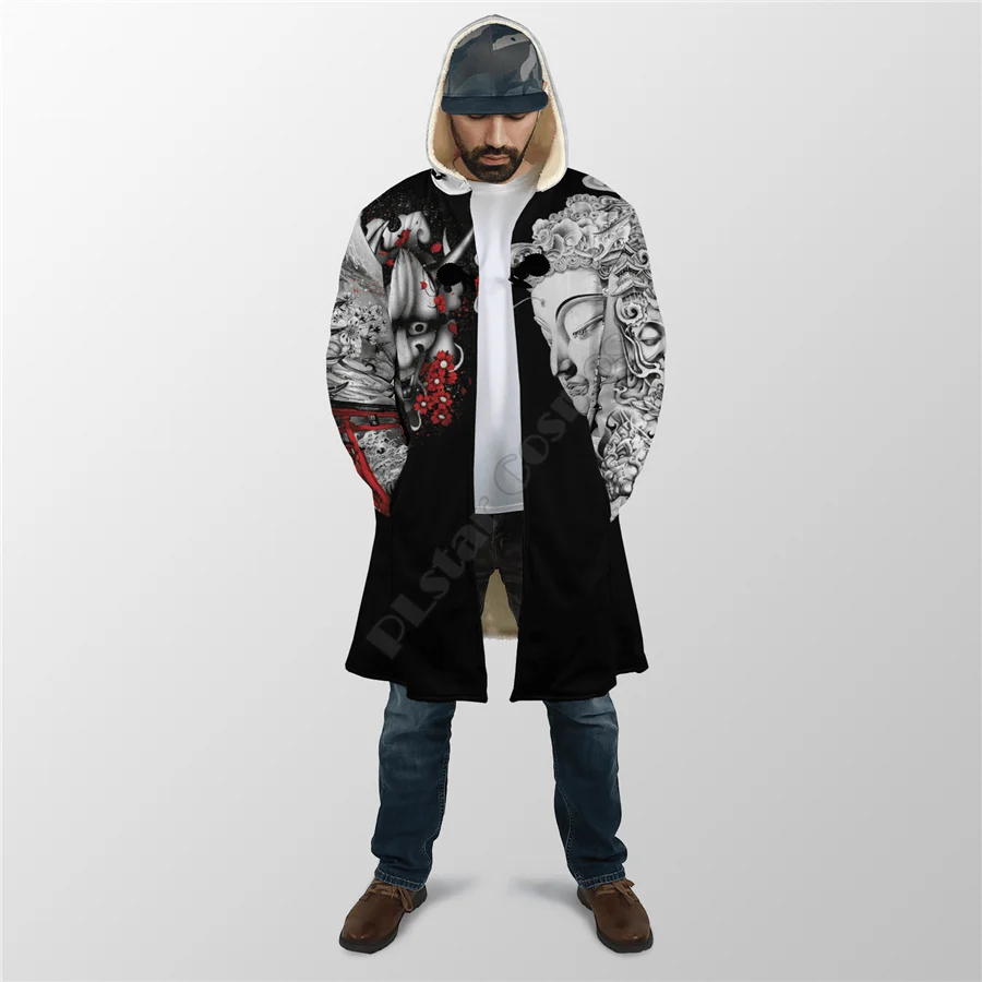 Winter Men For Women Hooded Cloak Japanese Oni Mask 3D Over Printed Cloak Fleece Wind breaker Warm Hood Cloak