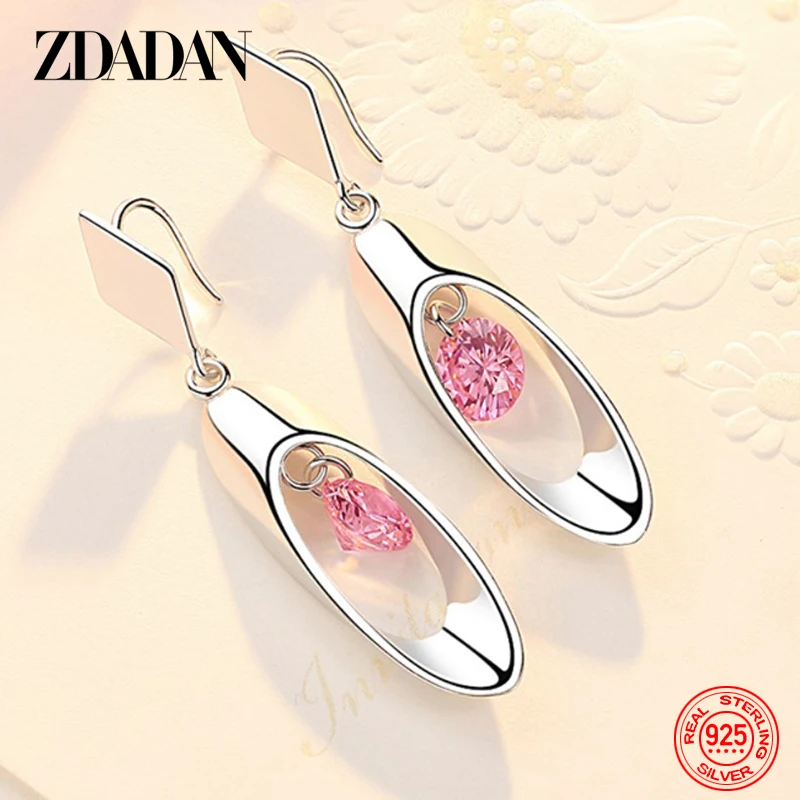 ZDADAN 925 Silver Pink Crystal Hollow Long Drop Earrings For Women Charm Wedding Jewelry Gift