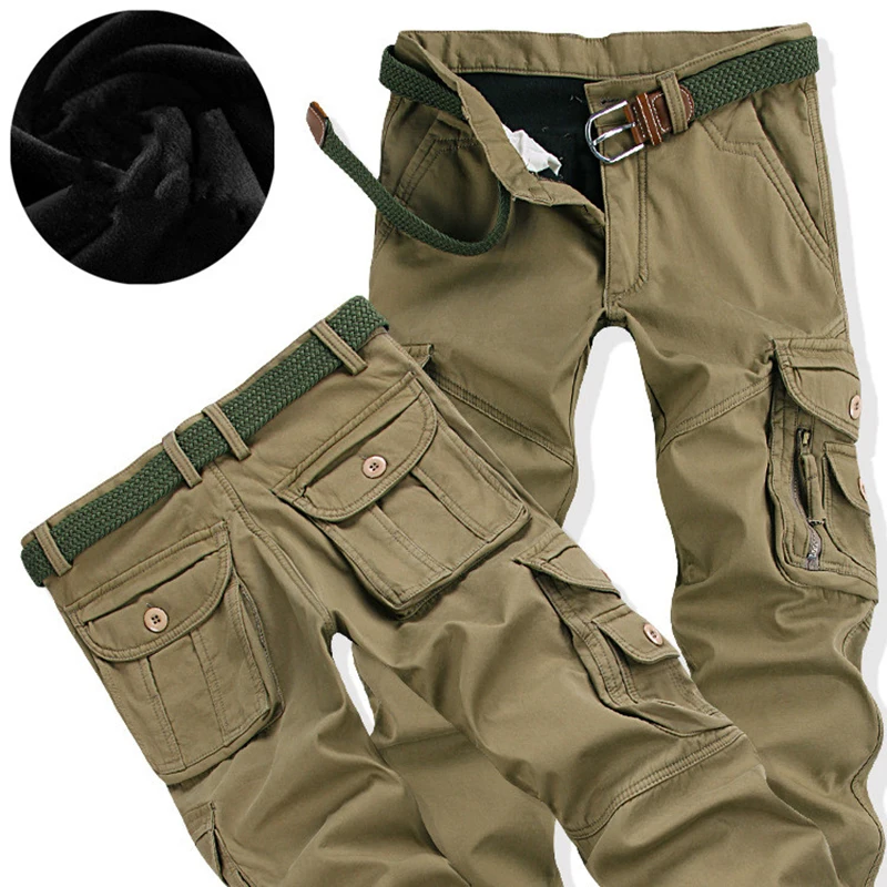 

Men Winter Warm Fleece Pants Thick Chinos Cargo Pants Many Pocket Baggy Jogger Work Military Overalls Male Outdoor Long Trousers