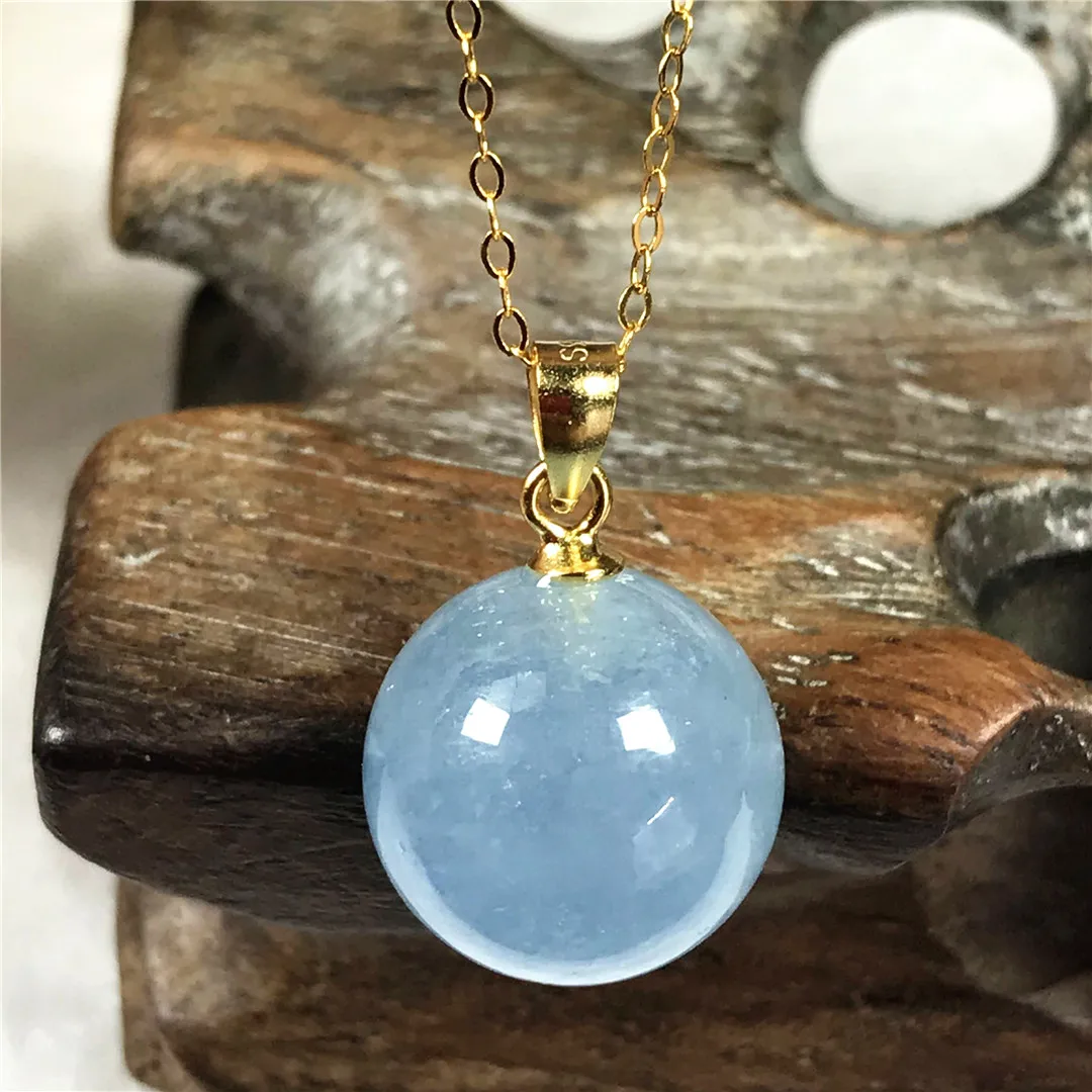 13mm Natural Blue Aquamarine Pendant Necklace For Women Lady Men Love Gift Crystal Round Beads Stone Jewelry Silver Chains AAAAA