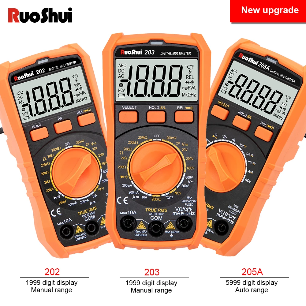 RuoShui 20 Series ดิจิตอลมัลติมิเตอร์ความถี่ True RMS ช่วงอัตโนมัติ AC/DC เครื่องทดสอบแรงดันไฟฟ้าความต่อเนื่องแฟลชย้อนกลับ Multimetro