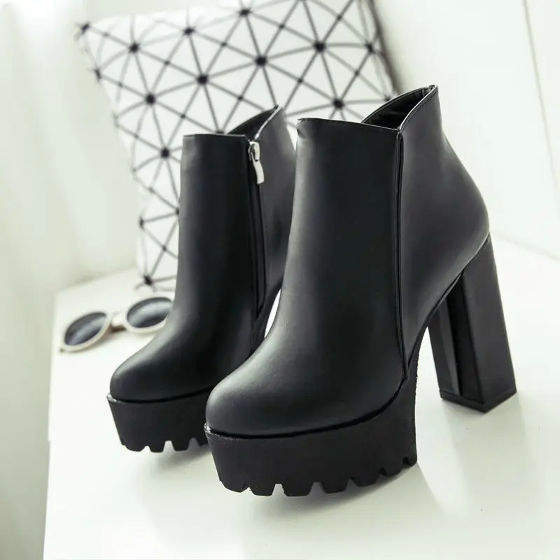 Women's Fashion Side Zipper Ankle Boots Platform Thick High Heel 12 cm Ladies Boots Winter Woman ShoesBlack boot