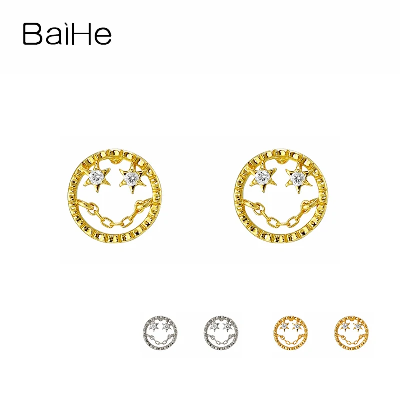 

BAIHE Solid 14K Yellow Gold Round 0.018ct Natural Diamonds Engagement Trendy Fine Jewelry smile Stud Earrings For Women