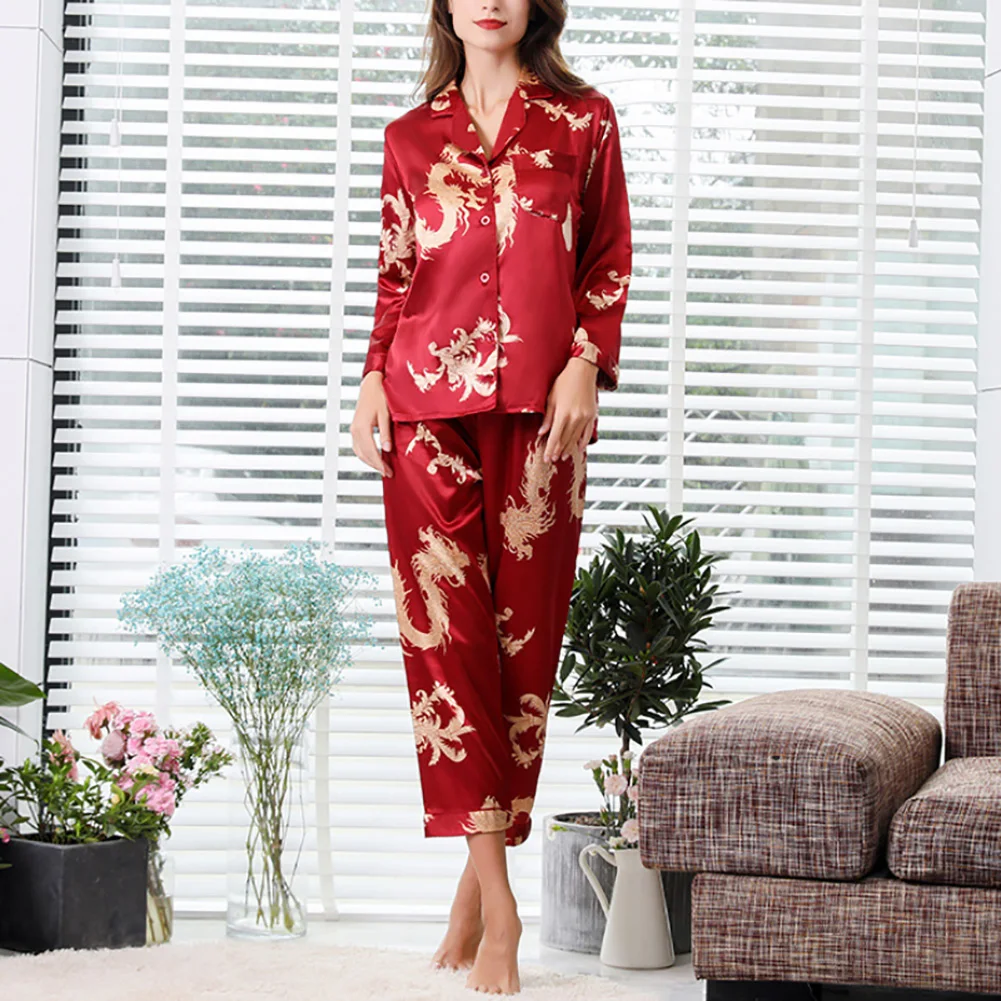 2022 Men Women Pajamas Set Imitation Silk Dragon Print Shirt Pants Couple Sleepwear Pajama Set Sleepwear lingerie пижама женская