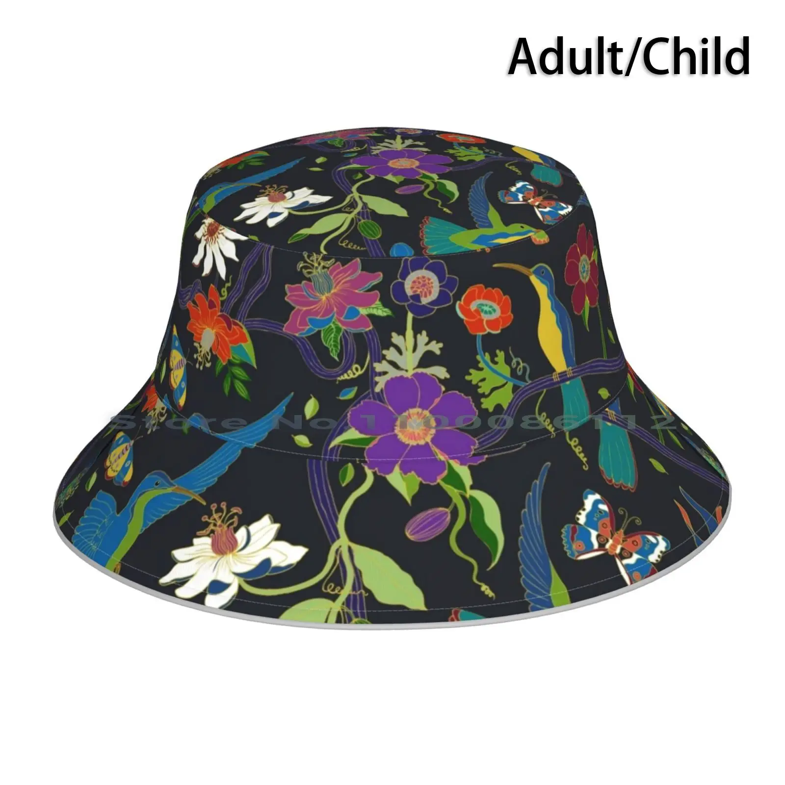 Hummingbirds And Passionflowers-Cloisonne On Black-Pretty Floral Bird Pattern By Cecca Designs Bucket Hat Sun Cap