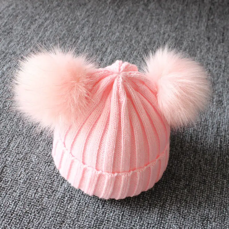 Newborn Baby Kids Girls Boys Winter Warm Knit Hat Furry Balls Pompom Solid Cute Lovely Beanie Cap Kids Fur Pom Hat Best Gifts