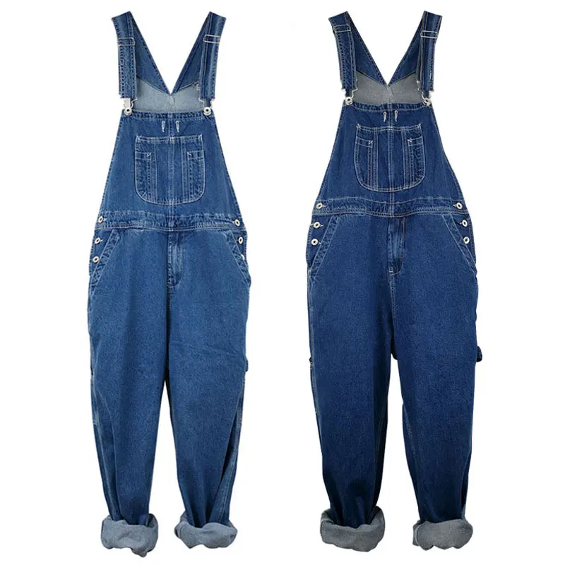 Loose Jeans Men Overalls Bib Denim Jumpsuits Workwear Straight Big Pocket Wide Leg Cargo Pants Retro Blue Trousers Size 28 - 50