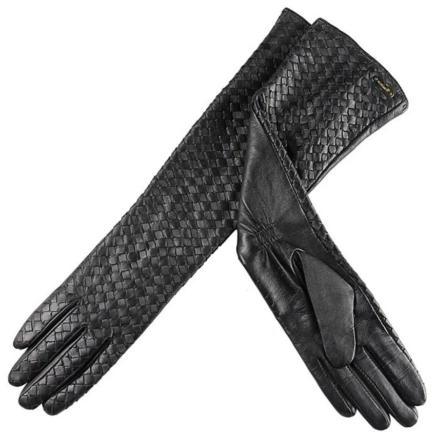 Women\'s Gloves Hand Woven Fashion Black Long Leather Gloves Real Leather Sheepskin Gloves Dance Party L108NN-1