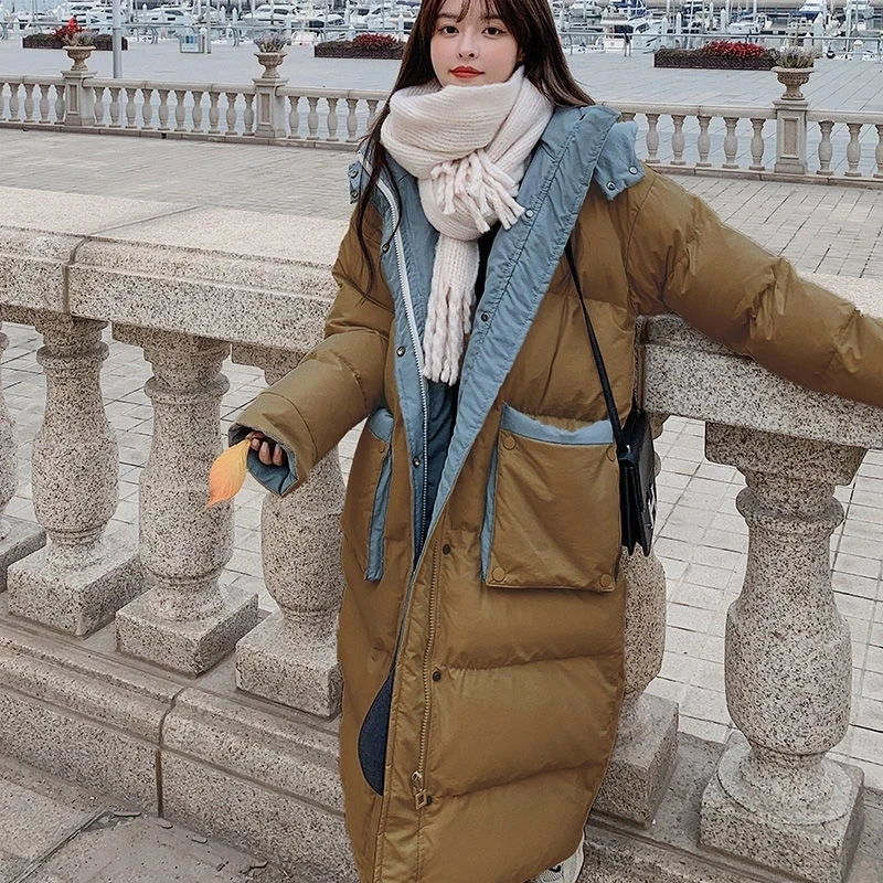 2021 New Winter Female Long Down Jacket Padded Jacket Korean Oversize Coat Women Over Knee Long Padded Coat Vintage Down Parkas