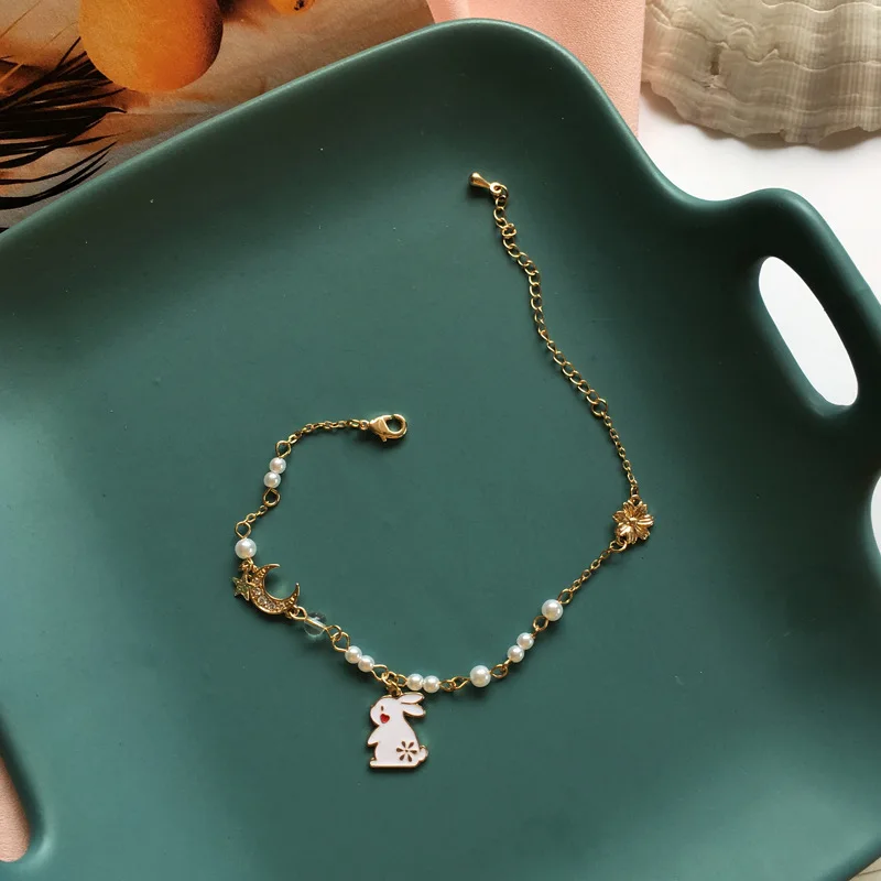 Japanese Style Cute Little Rabbit Pearl Lolita Bracelet Simple Small Moon Star Bracelet for Student Girls Kids Adjustable Length