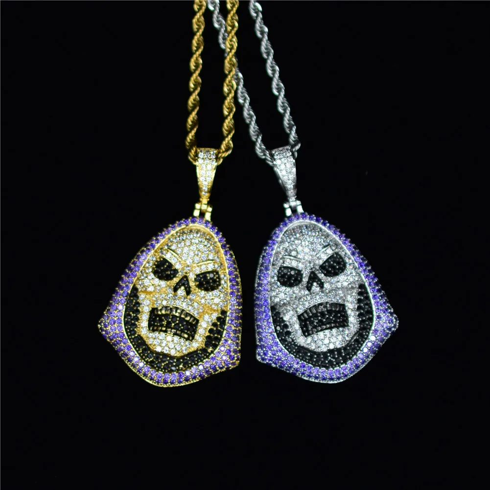 

Punk Hoody Skull Purple Stone Pendant Necklace Gold Silver AAA Cubic Zirconia Hip Hop Rock Jewelry with Tennis Chain