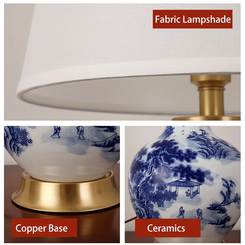 Copper Table Lamp Bedside Jingdezhen Ceramic Chinese Style Decorated LED Table Lamps for Living Room Bedroom