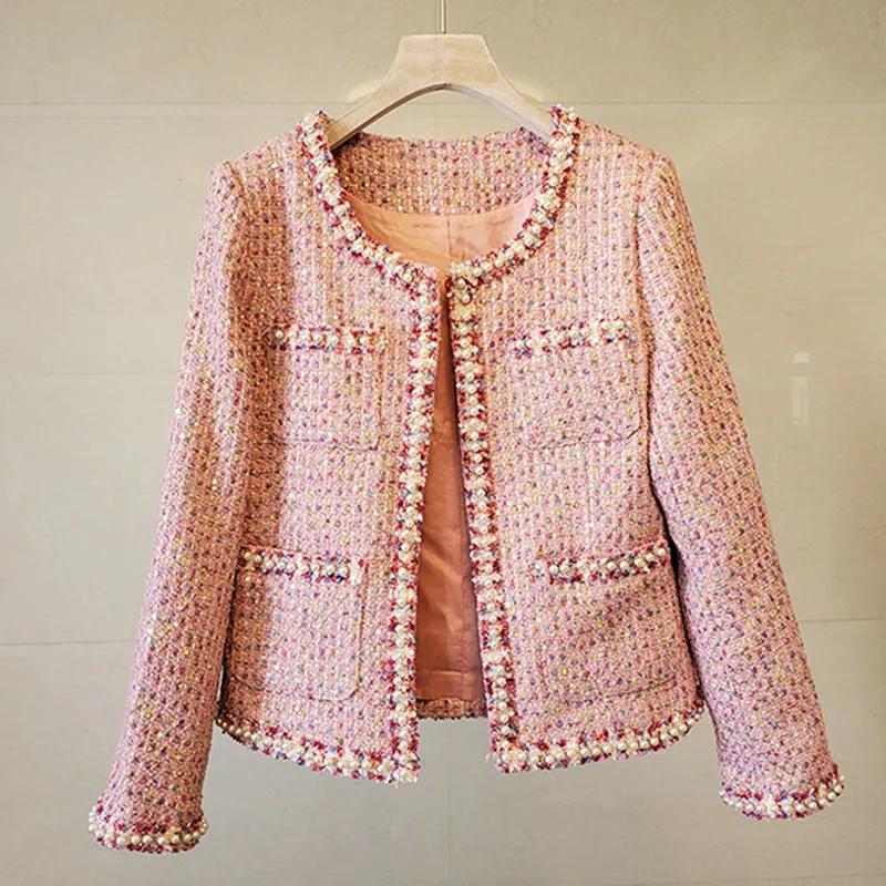 

Autumn Pink Tweed Jackets Women O-Neck Long Sleeve Vintage Harajuku Woolen Coat Outwear Luxury Winter Pearls Beading k3262