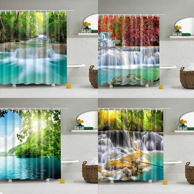 Green Lake Shower Curtain Summer Waterfall in Forest Woodland Nature Jungle Scenery Art Printing Green Tree Rainforest