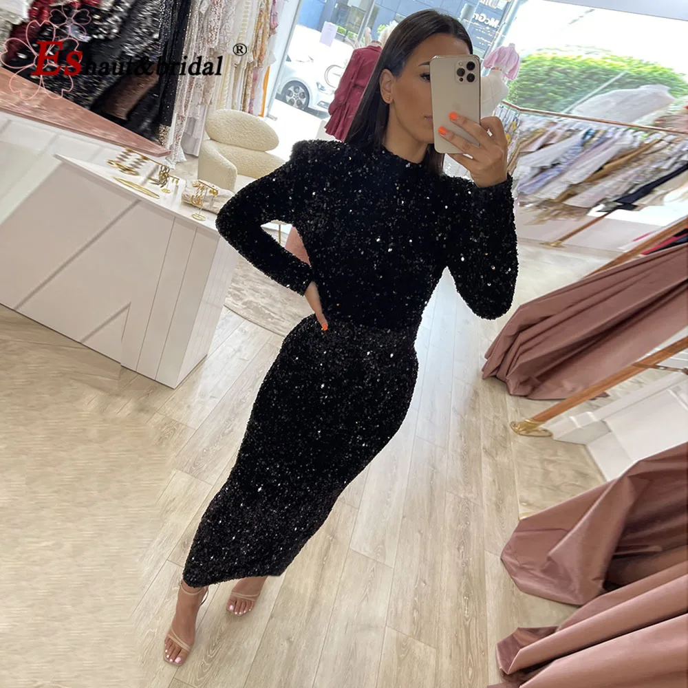 Elegant Evening Night Dresses for Women 2023 Muslim Tea Length High Neck Mermaid Long Sleeves Formal Prom Wedding Party Gowns