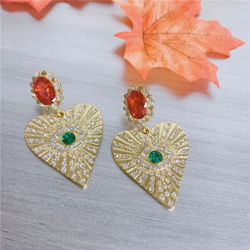 Baroque Vintage Earrings Crystal Big Heart Earrings for Women Evil Eye Earring Hihop Jewelry Femme Brincos Gold Earring Bijoux