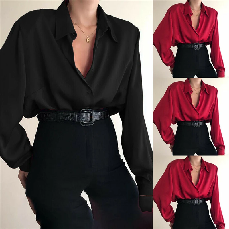 Hot Sale Fashion Autumn Women Blouse Shirt Lapel Long Sleeve Solid Black Red Ladies Blouse For Women Female Top Clothing New