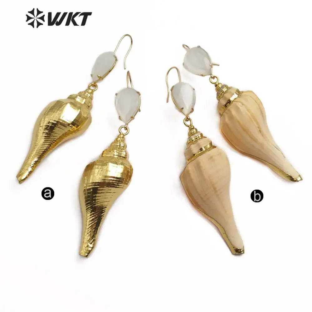 WT-E565 WKT Natural Trumpet Shell Material Full 18k Gold Electroplated Fashion Earrings Jewelry Beach Decorative
