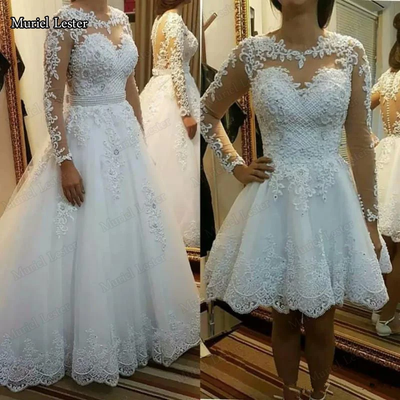 Exquisite A Line Wedding Dresses 2 In 1 Style Lace Appliques Beaded Appliques Bridal Gowns Bespoke Women Marriage Party Clothing