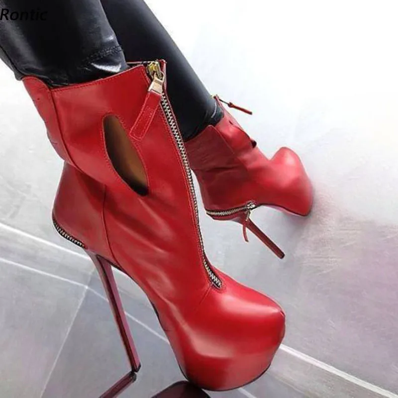 Rontic New Stylish Women Winter Platform Ankle Boots Sexy Stiletto Heels Round Toe Pretty Red Fuchsia Party Shoes US Size 5-20