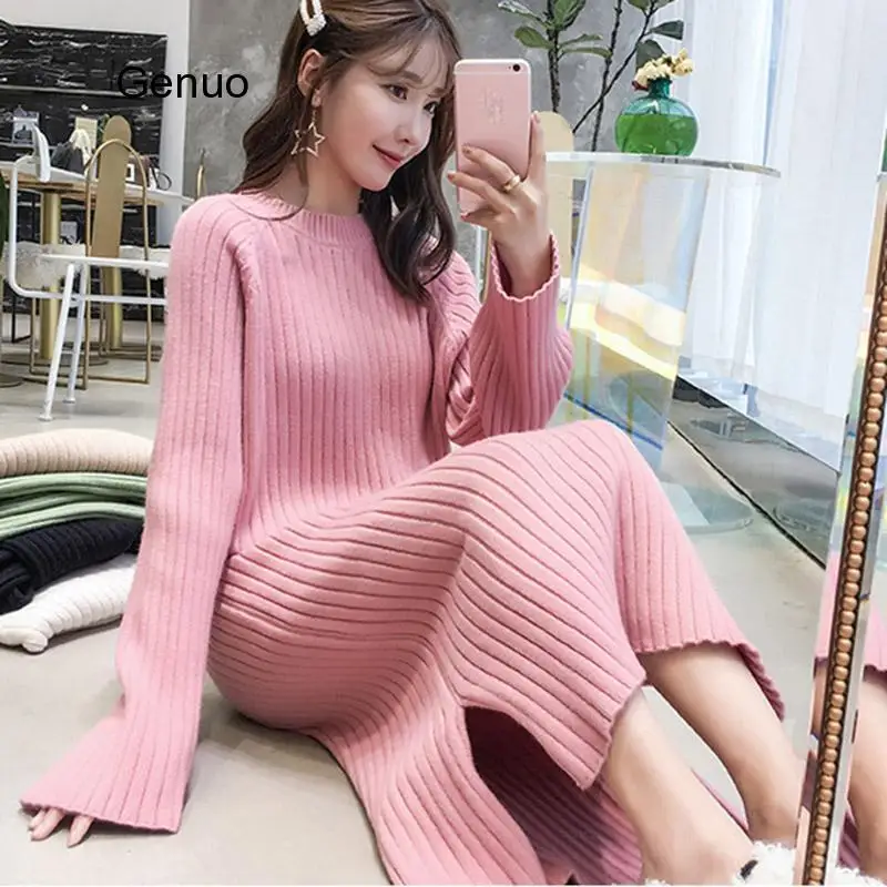 

Women Winter Knit Dresses Europe Long Sleeve O-collar Casual Loose Warm Maxi Sweater Dress Women's Clothing