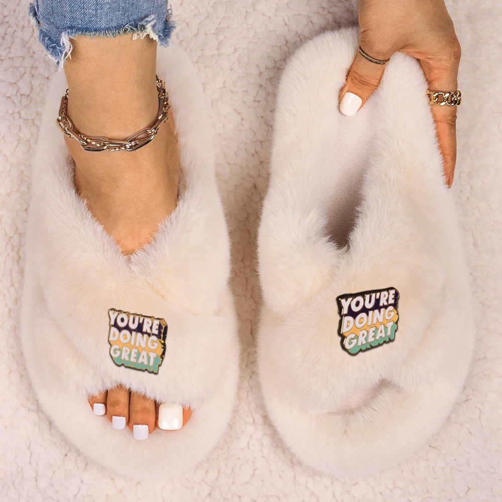 Fashion Slippers Ladies Faux Fur Slides Letter Decor Fluffy Flip Flop Platform Fur Sandals Furry Slippers Casual Shoes For Women