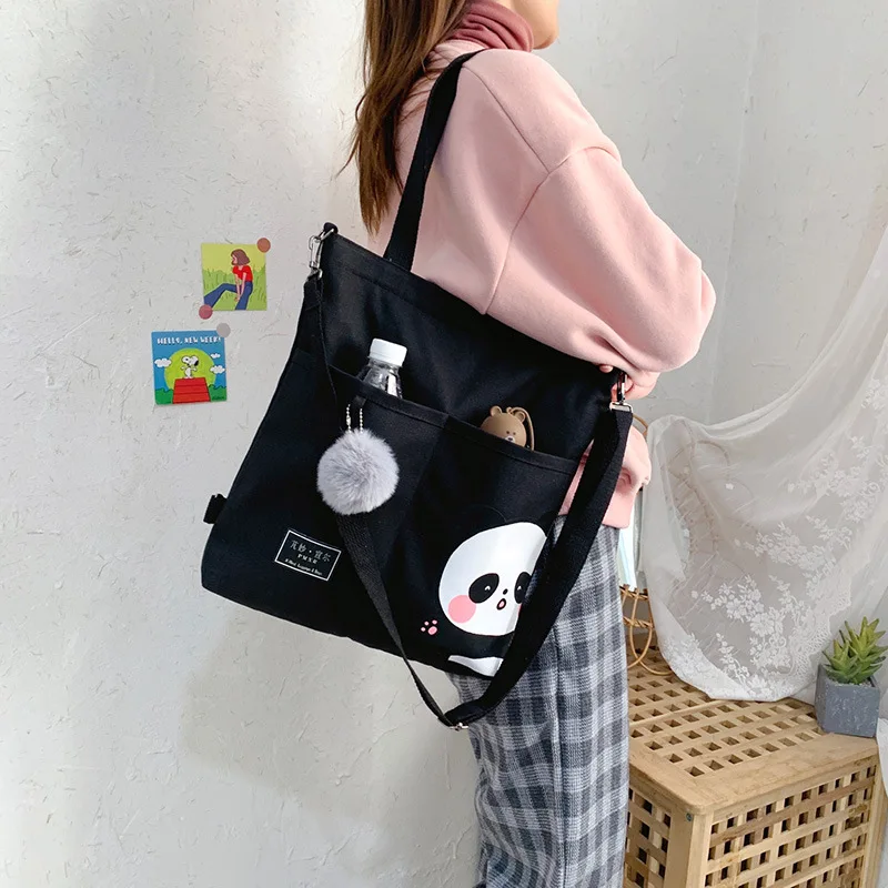 Women\'s Shoulder Bags Canvas Handbags 2023 Girls Shopper Purses Fashion Casual Cartoon Panda Print Large Capacity Crossbody Bags