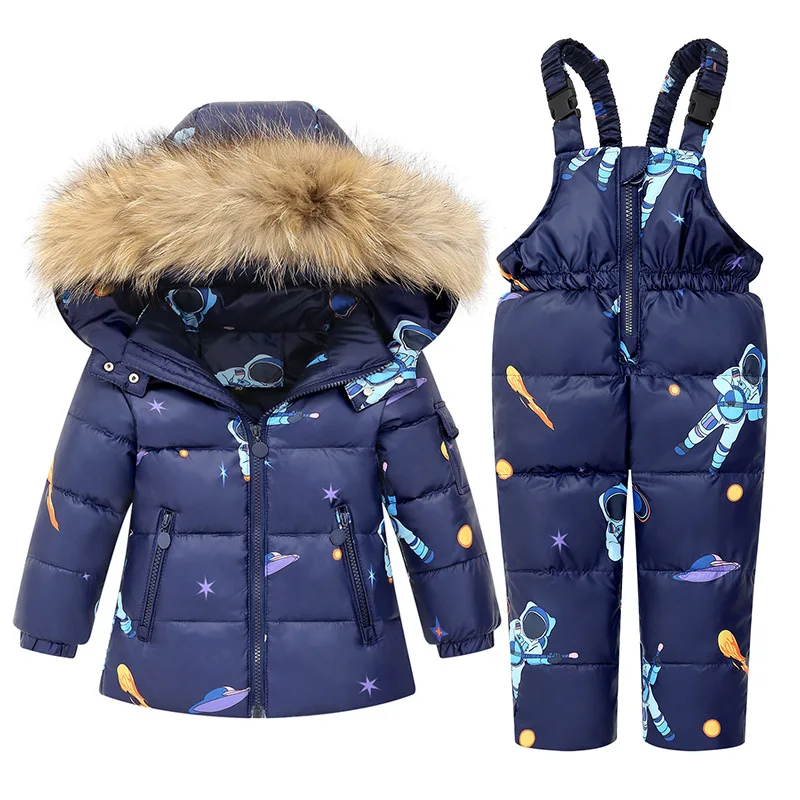 2pcs Set Baby Girl Winter Down Jacket and Jumpsuit for Children Thicken Warm Fur Collar Jacket for Boys Infant Snowsuit 1-5Year