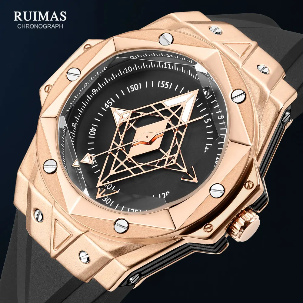 RUIMAS Men\'s Sports Watches Fashion Luxury Rose Gold Quartz Watch for Men Silicone Strap Waterproof Wristwatch Relogio Reloj