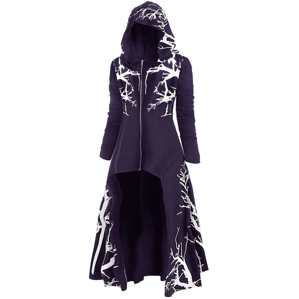 New Large size Capes Womens Halloween Hooded Ponchos zip Dresses Tree Print High Low Coat Blusas Tops Cardigan Jacket Coat Cape