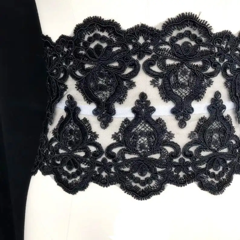 Black Alencon Lace Trim, Black Corded Lace, Wedding Veil Lace Trim, Black Bridal Lace Trim Sell By Meter