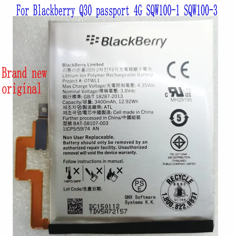 Original 3400mAh BAT-58107-003 Battery For Blackberry Q30 Passport 4G SQW100-1 SQW100-3 Mobile Phone