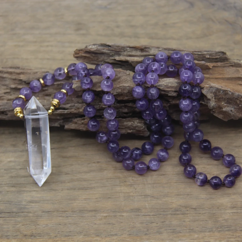 

Knotted Handmade Yoga Necklace Natural Crystal Double Point Pendants Amethysts Quartz 8mm Round Beads Mala Women Jewelry,QC0111