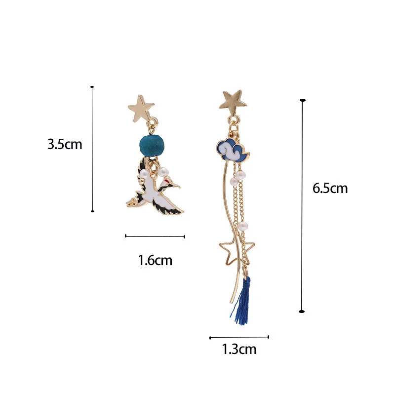 Chinese Style Folding Fan Crane Carp Lotus Asymmetrical Long Tassel Dangle National Style Earrings for Women Jewelry Gift