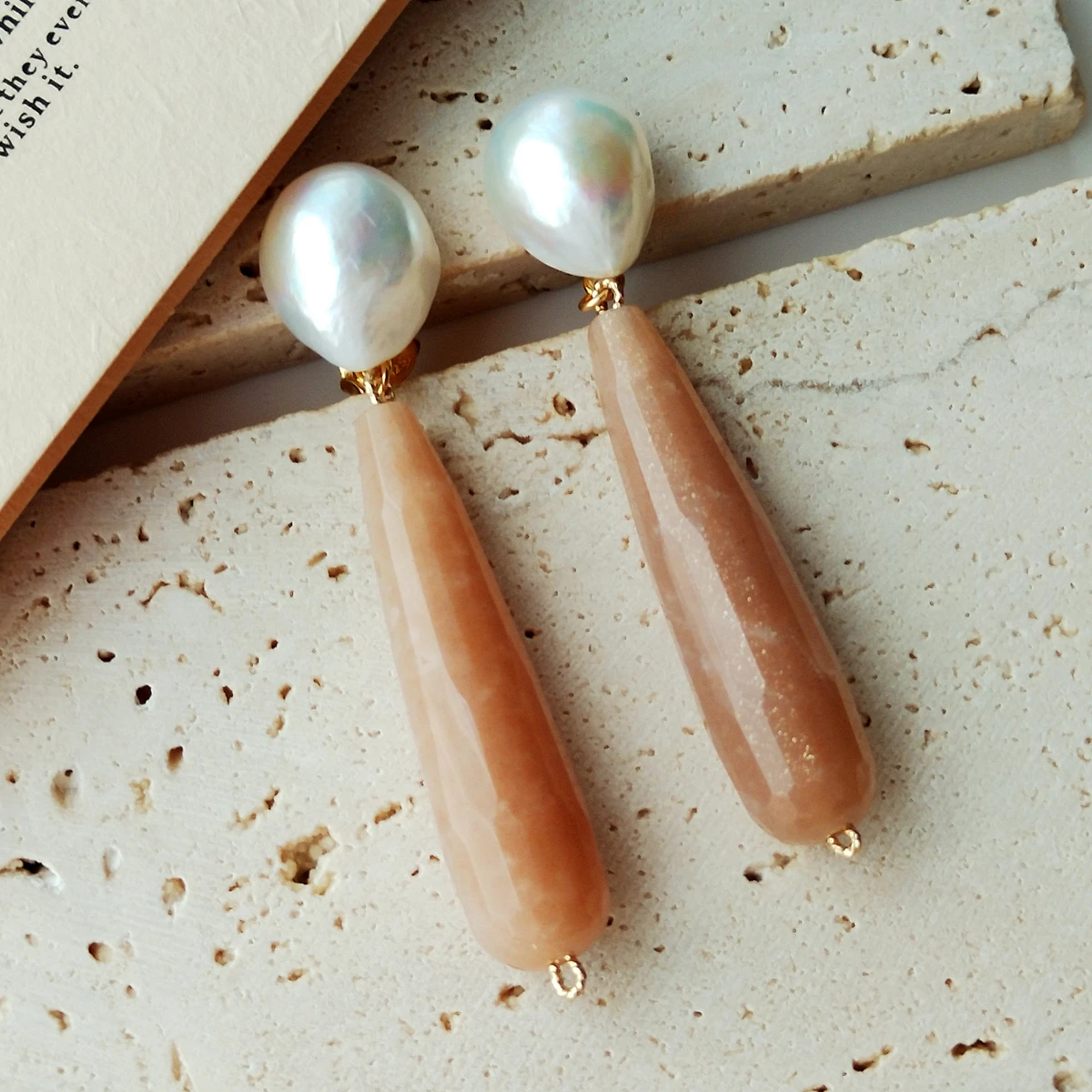 Lii Ji 925 Sterling Silver Big Real Pearl Stud Long Sunstone Drop Earring High Luster Baroque Pearl Women Jewelry