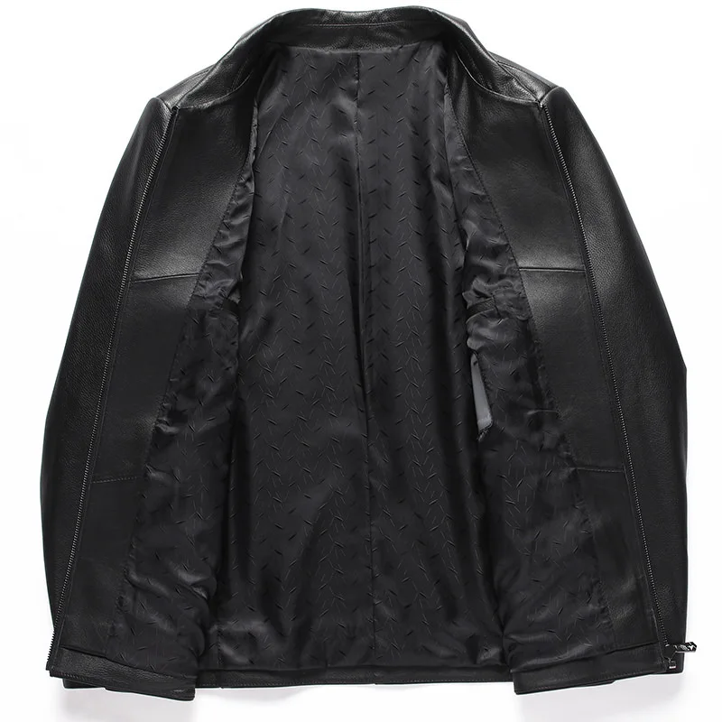 Men's Natural Cowhide Leather Jacket Lapel Middle-aged Dad Coat Spring Autumn Casual Classic Fit Leather Outerwear