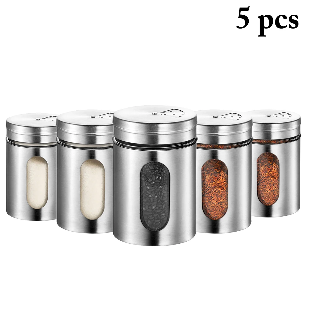 

5PCS Seasoning Bottle Stainless Steel Rotatable Pepper Spice Shaker Salt Seasoning Kitchen Storage Container Condiment Bottle